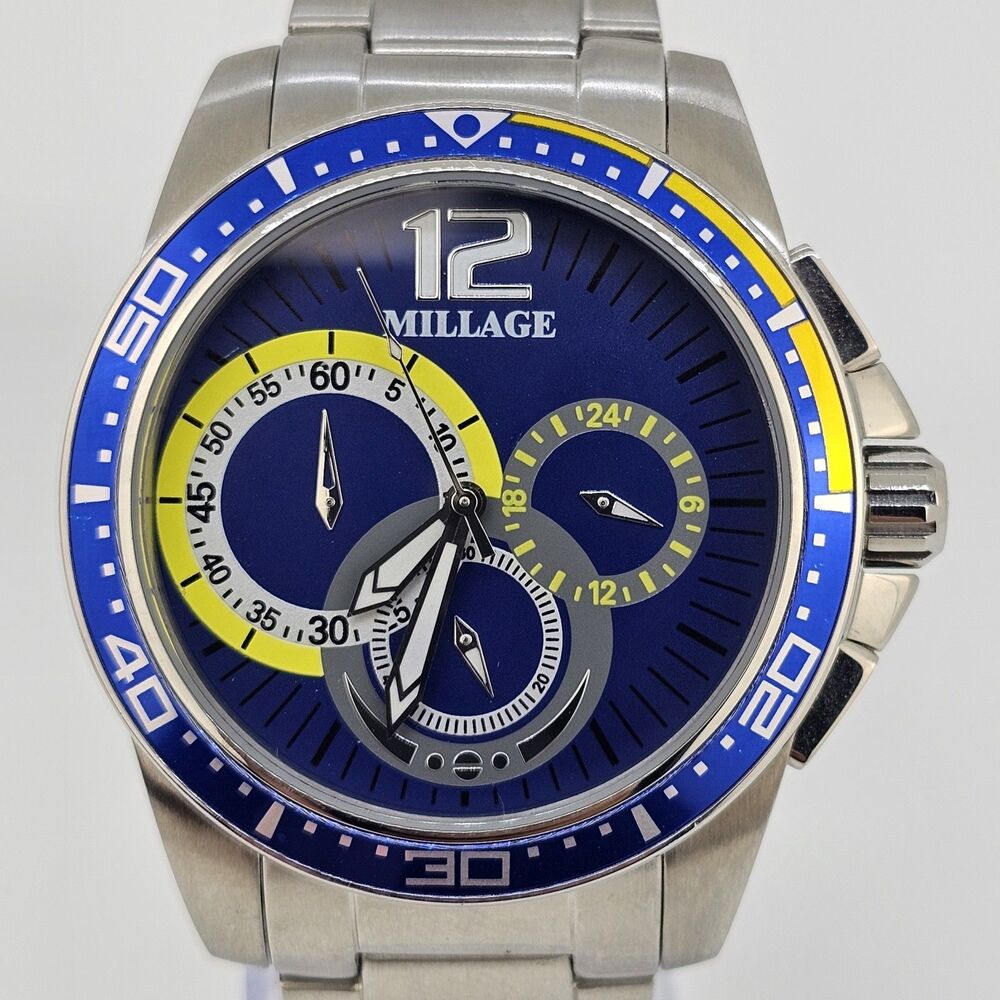 Millage Men's Watch 44MM Blue Dial Gray Bracelet Band 6.5"‎ Wrist New Battery - Picture 2 of 13